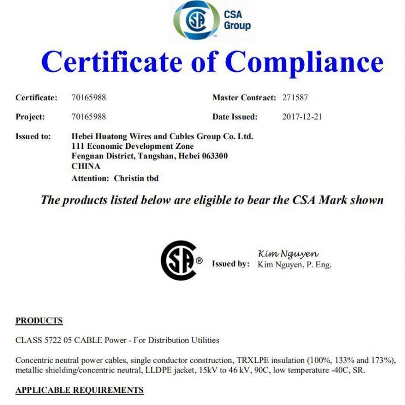 UL1072 Standard Urd Cabl Medium Voltage Power Cables XLPE or Epr Insulated Primary 15kv 25kv 35kv