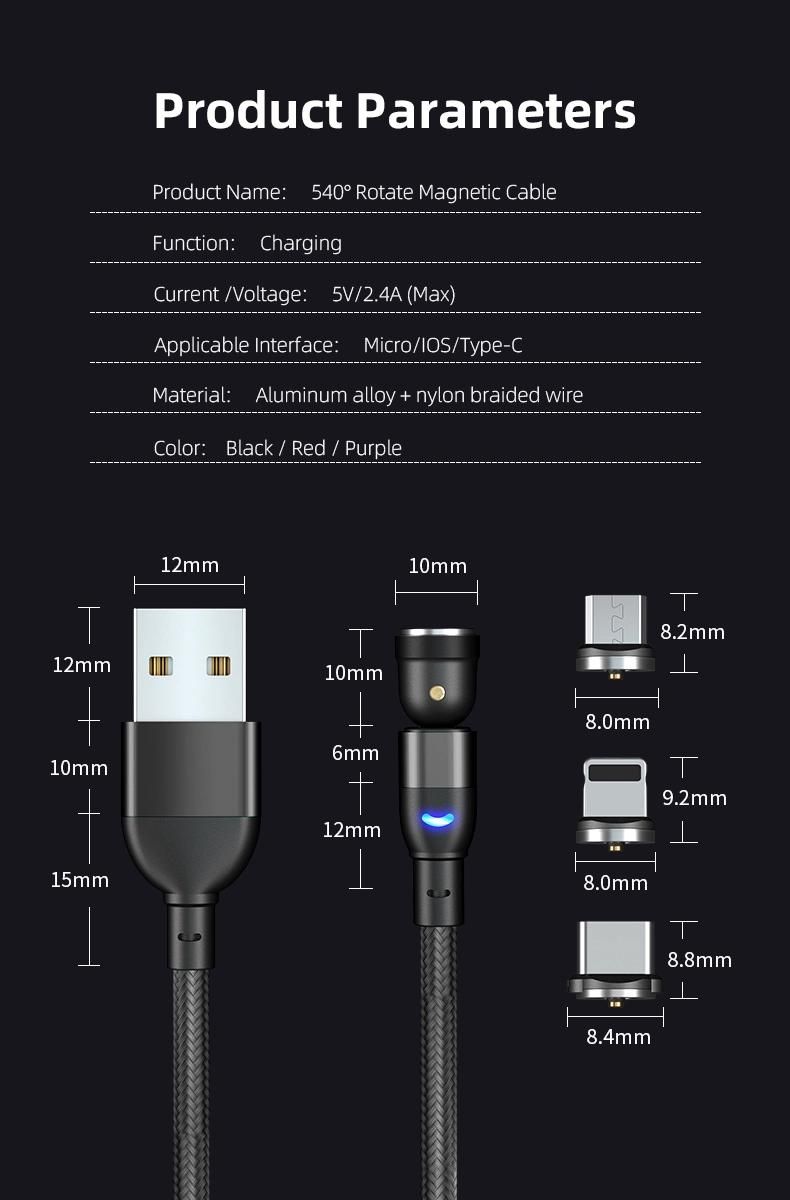 Factory Price OEM Custom Logo Mobile Phone 3 in 1 Type C Micro USB Lighting 540 Magnetic Cables Magnet Fast Charging Data Cable