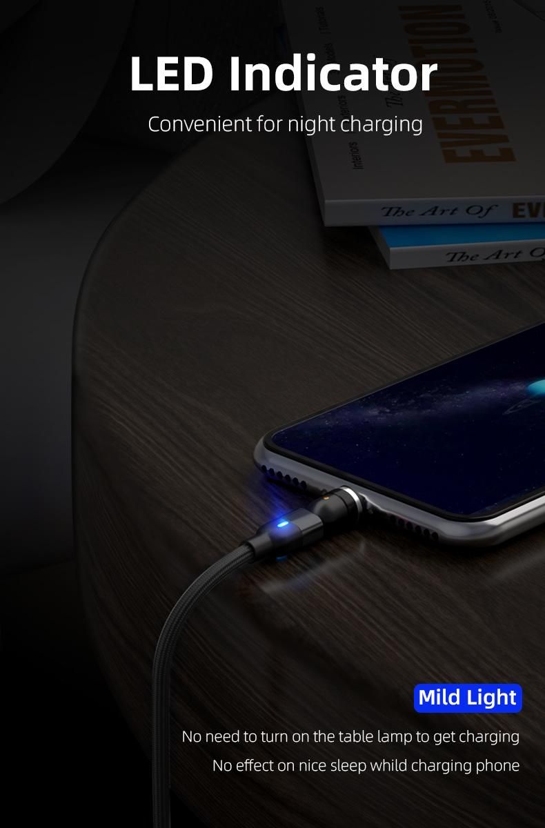 Type C Cable Fast Charging 3A Magnetic Cable 540 Degree Rotating L Shape USB Phone Cable Compatible Micro USB/Type-C/iPhone