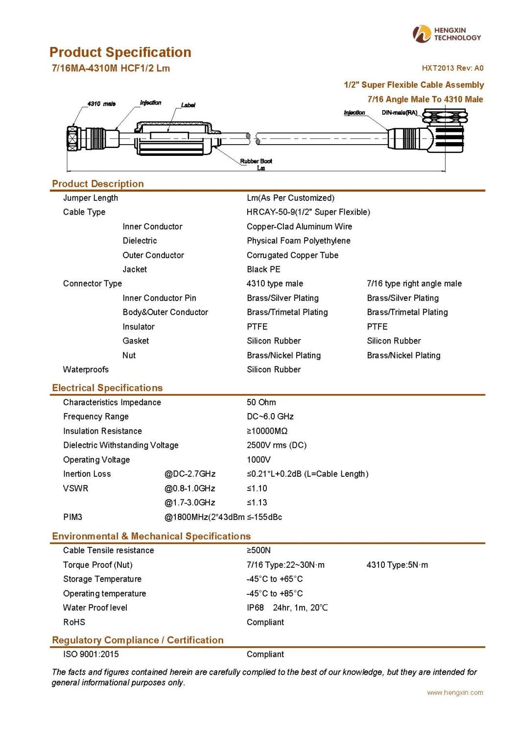RF Coaxial Waterproofing Jumper Cable Assembly with 1/2" Super Flexible RF Cable 7/16 Angle Male to 4310 Male