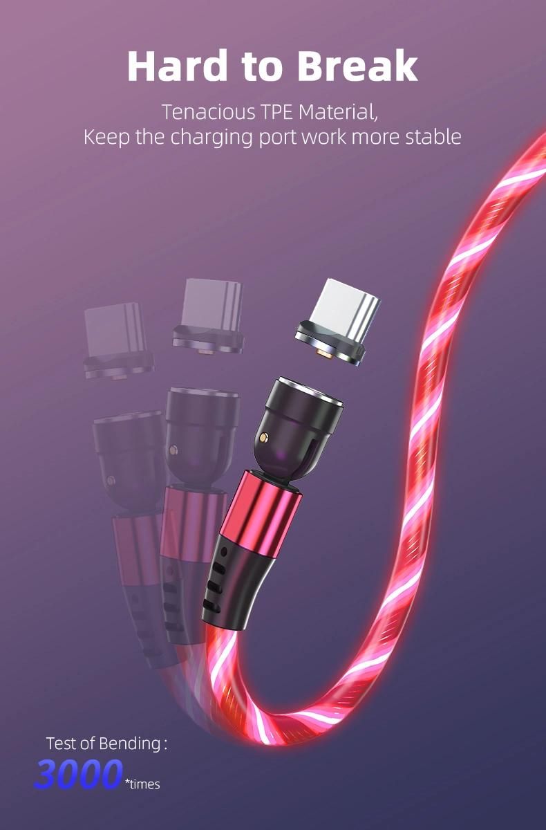 Wholesale 1m 2m 2A LED Light Flowing Luminous USB Magnetic Charging Cable for Android Charger Micro Type C