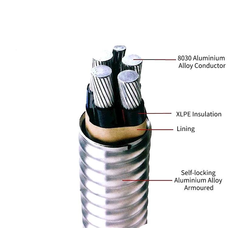 600V UL Listed Lnterlock Armoured Mc Cable Teck 90 Acwu90 3X250mcm Aluminium Alloy Bounding Wire Power Cables