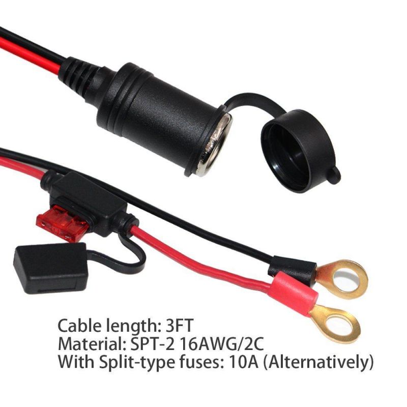 12V 3FT Car Cigarette Lighter O Ring Terminal Connector Harness Extension Charge Cable, Fused 10A