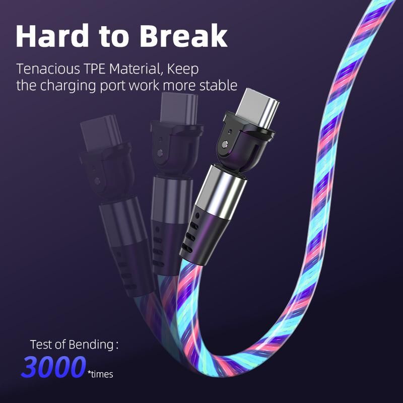 180 Degree Rotation Type C Floe LED Light USB Transfer Charging Cable 3FT LED USB Data Cable