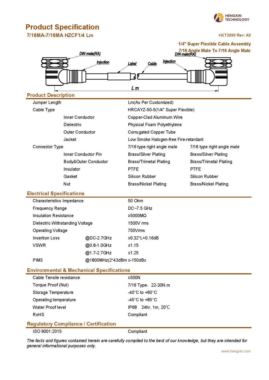 RF Coaxial Jumper Cable Assembly with 1/2" Super Flexible RF Cable 7/16 Angle Male to 7/16 Angle Male
