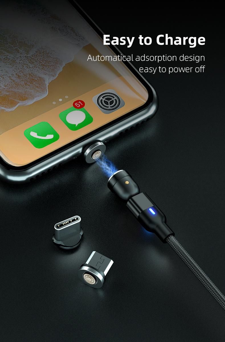 Type C Cable Fast Charging 3A Magnetic Cable 540 Degree Rotating L Shape USB Phone Cable Compatible Micro USB/Type-C/iPhone