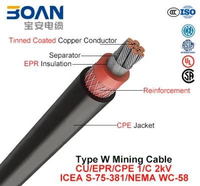 Type W, Mining Cable, Cu/Epr/CPE, 1/C, 2kv (ICEA S-75-381/NEMA WC-58)