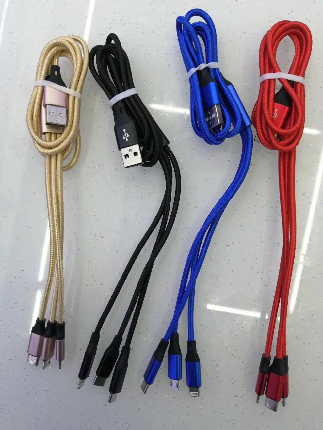 Nylon Weave 3 in 1 Multi Interfaces 2A Output USB Charging Cord Cable with Multiple Color